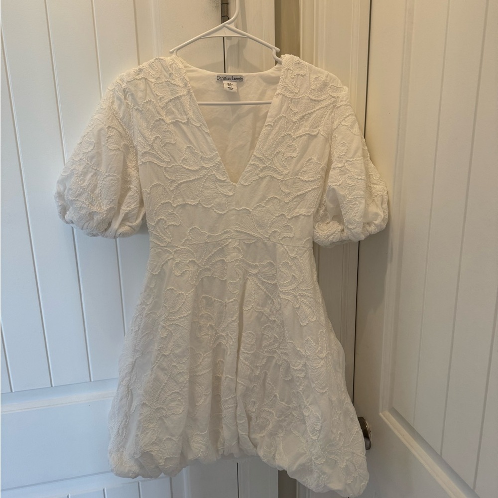 White Textured Puff Sleeve Dress